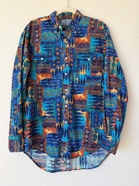 Wrangler Frontier Series Geometric Western Shirt Blue Orange L Vintage